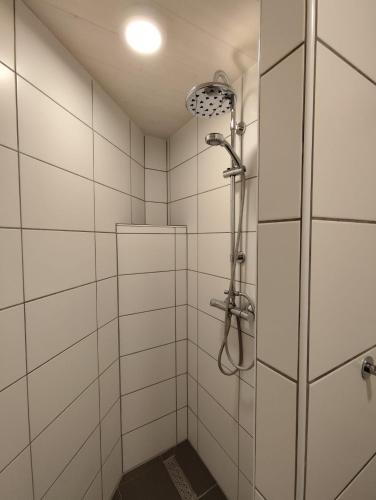 a shower in a white tiled bathroom at FeWo Pfaffenhofen-Ortsteil Blick ins Grüne in Pfaffenhofen an der Ilm