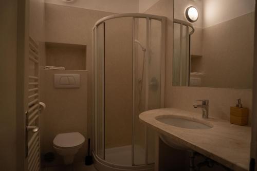 a bathroom with a shower and a sink and a toilet at Residence Fink Central Apartments in Bolzano