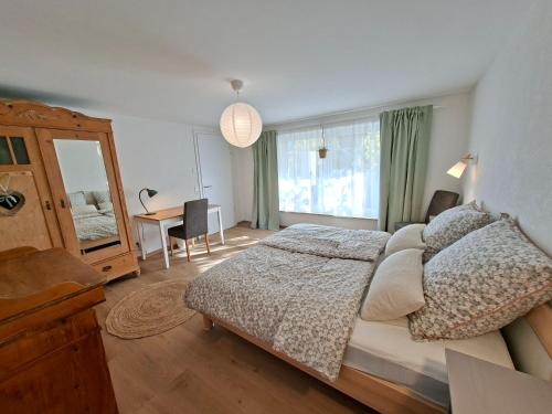 ein Schlafzimmer mit einem Bett, einem Schreibtisch und einem Spiegel in der Unterkunft Ferienwohnung Luise unterhalb der Burg Lindenfels in Lindenfels