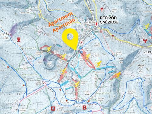 a map with a yellow marker on it at Rodinný apartmán Pec pod Sněžkou 3 - 1x parking available in Pec pod Snezkou