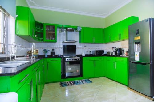 une cuisine verte avec des armoires et des appareils verts dans l'établissement Tara Villa - Elegant 4-Bedroom Home in Buziga - Kampala, à Kampala