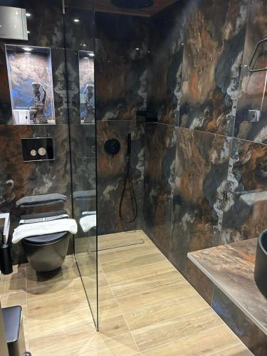 a bathroom with a toilet and a glass shower at Cabo Verde in Agia Triada