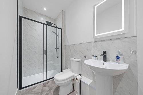a bathroom with a toilet and a sink and a shower at Harbour Hideaway in Fife