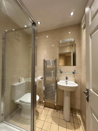 ハイ・ウィカムにあるCavendish Hotelのトイレ、洗面台、シャワー付きのバスルーム