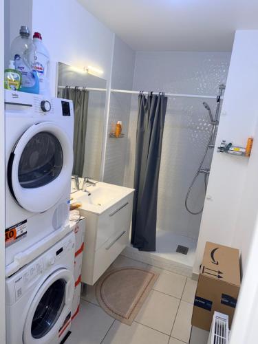 een badkamer met een wasmachine en een wastafel bij Chambre d'hôte, dans 4 pièces , avec terasse, jardin in Saint-Witz