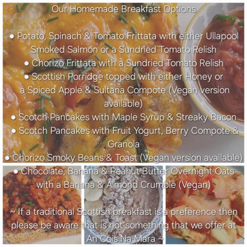 eine Speisekarte für ein Restaurant mit einem Bild von Speisen in der Unterkunft An Cois Na Mara Bed & Breakfast in Laide