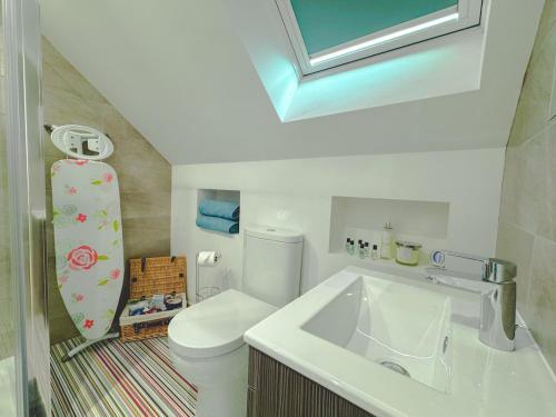 a bathroom with a white sink and a toilet at New Modern Studio in Chandlers Ford with Parking in Chandlers Ford