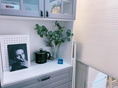 a shelf with a picture and a plant on it at 2 type room, Akira&chacha guest home杉並区世田谷direct to shinjuku for 13 min 上北沢4分 近涉谷新宿Suitable for three or more people in Tokyo