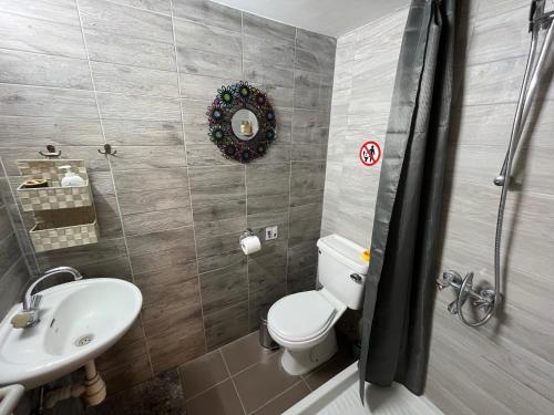 a bathroom with a toilet and a sink at Olive Grove Cottage Guest house in Kouka