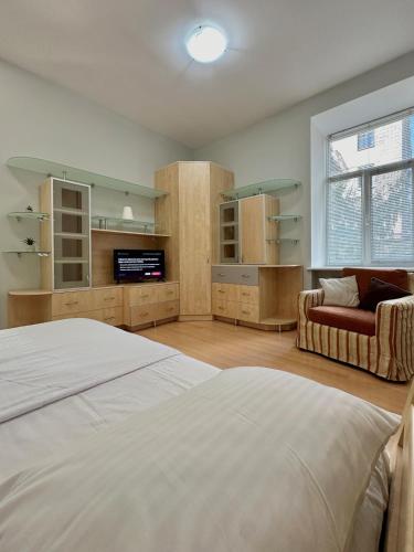 a bedroom with a bed and a couch and a tv at 1 room right near the Kreschatyk in Kyiv