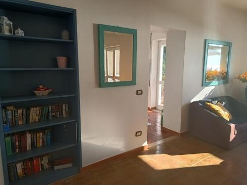 a living room with a book shelf filled with books at Margareth suite and terrace in San Lucido