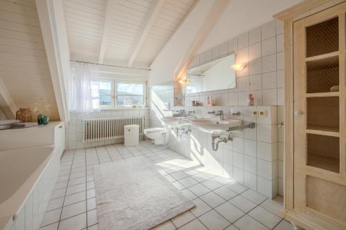 ein Badezimmer mit Waschbecken, Toilette und Spiegel in der Unterkunft Jolie's Cottage in Iznang