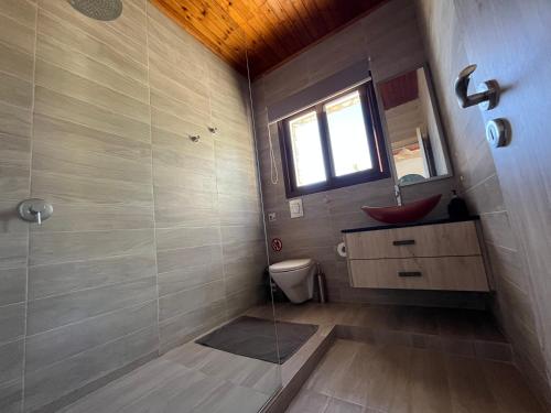 a bathroom with a shower and a toilet and a window at House on a Hill with Stunning Views near Troodos in Silikou