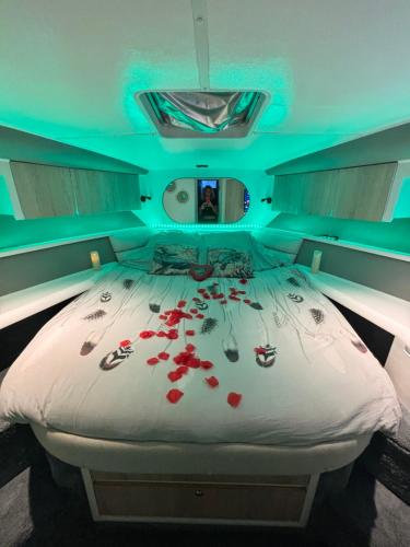 a bedroom with a bed with red flowers on it at Boat with Jacuzzi - Bateau avec Jacuzzi in Mandelieu-la-Napoule