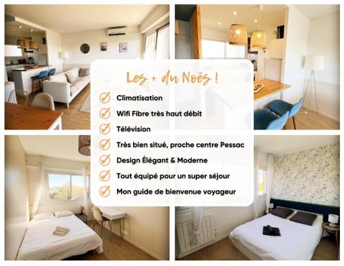 a collage of photos of a living room and a bedroom at Le Noës - Une bulle de douceur aux portes de Bordeaux in Pessac