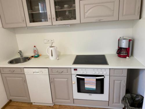 Una cocina con gabinetes blancos y un horno de estufa. en Bluestars Home, en Karlovy Vary