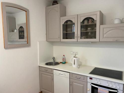 Una cocina con gabinetes blancos y un fregadero. en Bluestars Home, en Karlovy Vary