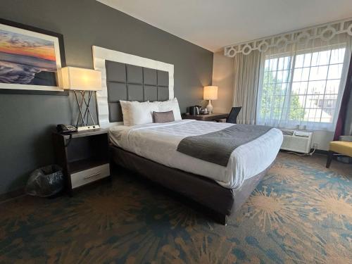 a hotel room with a large bed and two windows at Best Western Erie Inn & Suites in Erie