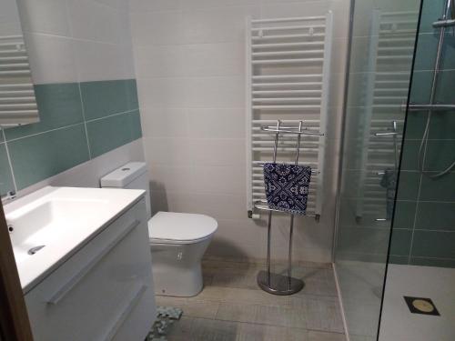 a bathroom with a toilet and a glass shower at Les Trois Geais in Les Épesses