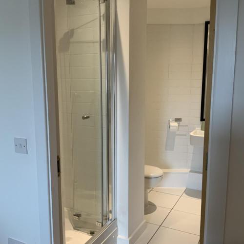 a bathroom with a glass shower and a toilet at Spacious City Centre 2 Bedroom Apartment in Liverpool