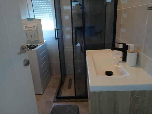 a bathroom with a sink and a shower at Galešnjak in Sveti Petar