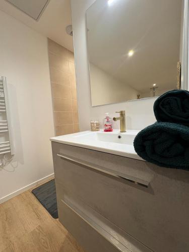 een badkamer met een witte wastafel en een spiegel bij Zen Room SPA luxe in Roanne