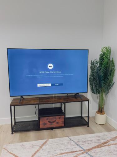 a flat screen tv sitting on a stand in a living room at Modern Comfort West Edmonton in Edmonton