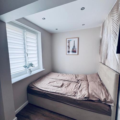 a bed in a room with a window at Studio 9 Żeromskiego in Gorzów Wielkopolski