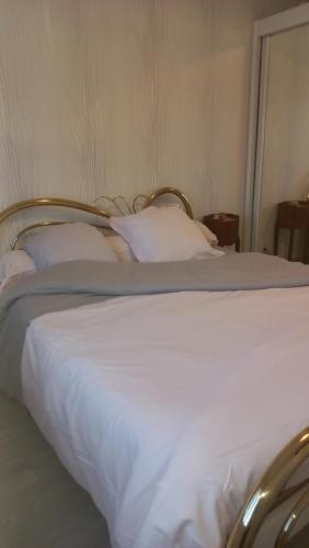 un letto con lenzuola e cuscini bianchi in una stanza di 25 Rue Raymond Braillard a Dole