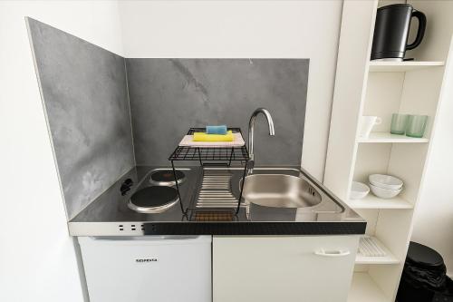 een kleine keuken met een spoelbak en een aanrechtblad bij Business Apartments Augsburg mit WIFI, TV, Parken in Augsburg