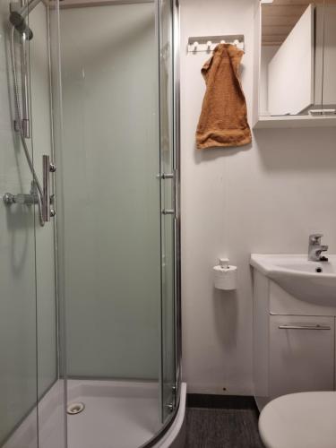 un baño con ducha y lavabo en Pispalan Helmi - Koti Näköalalla, en Tampere