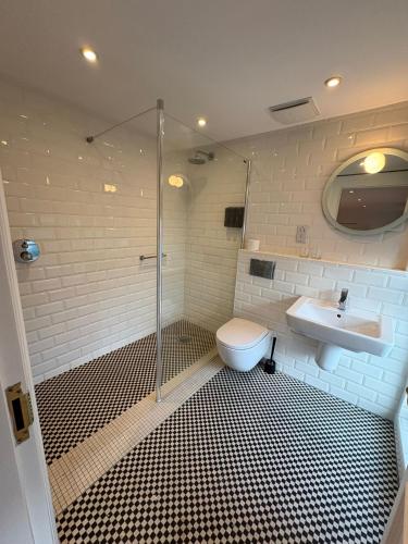 a bathroom with a shower and a toilet and a sink at Gilberts Townhouse in Cobh