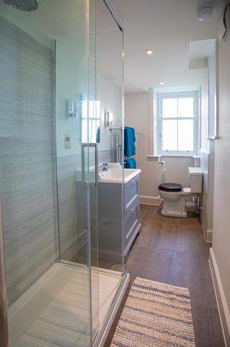 a bathroom with a shower and a sink and a toilet at The Butler's Flat at Solsgirth Home Farm in Dollar