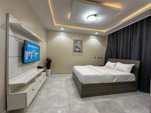 een slaapkamer met een bed en een flatscreen-tv bij Prestine Apartments in Abuja
