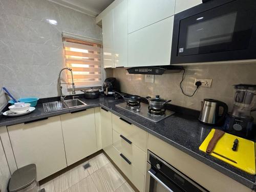 een keuken met een spoelbak en een aanrechtblad bij Prestine Apartments in Abuja