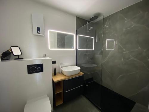 Un baño con inodoro, lavabo y ducha. en LIBORIA I Über den Dächern Augsburgs, en Augsburg