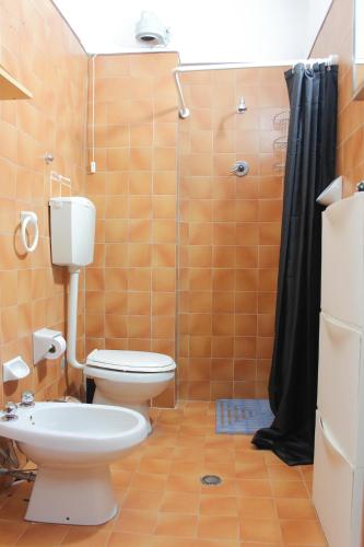 a bathroom with a toilet and a shower at Relax nel verde - WiFi & Parcheggio in Fanano