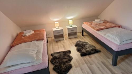 een slaapkamer met twee bedden en twee honden die op de vloer liggen bij Apartman Kovačić in Kutina
