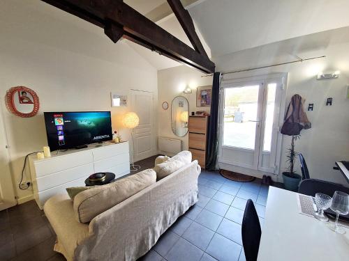 Appartement Business Lyon nord Gare & A6 في Saint-Germain-au-Mont-dʼOr: غرفة معيشة مع أريكة وتلفزيون