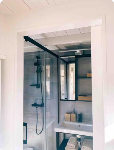 a glass shower in a bathroom with a sink at Tiny House in Pereiro