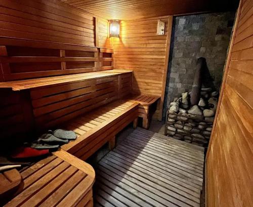 an empty sauna with two benches and a fireplace at Червона гора in Irshava