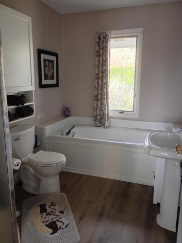 a bathroom with a tub and a toilet and a sink at Biking, Hiking, Getaways & Relaxation Retreats - Visit the VT Chocolate Room - Large & Cozy, Homey, Jacuzzi Tub, Scenic Walks in Colchester