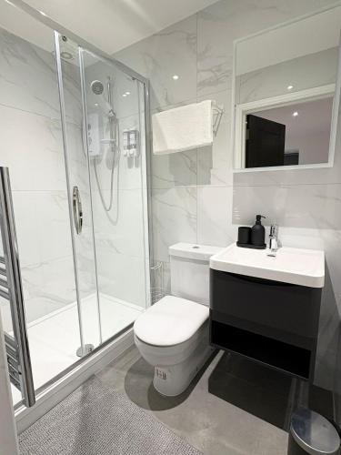 a bathroom with a shower and a toilet and a sink at Fonthill Aparts in London