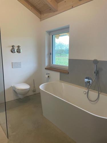a bathroom with a tub and a toilet and a window at Grüne Gams - Neubau Designwohnung mit 2 Balkonen in Breitbrunn am Chiemsee