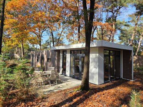 a house in the woods with a tree at Natuurhuisje Hellendoorn in Haarle