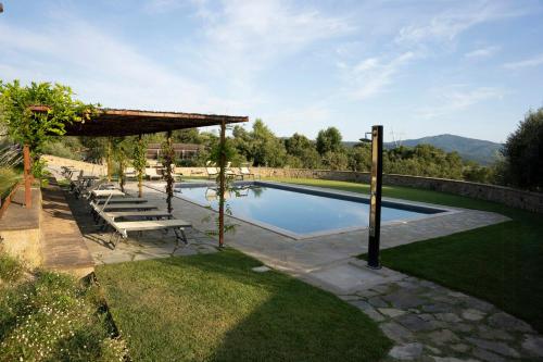 a swimming pool with a pergola next to a yard at Stone Villa Overlooking Panicale Vineyards in Panicale