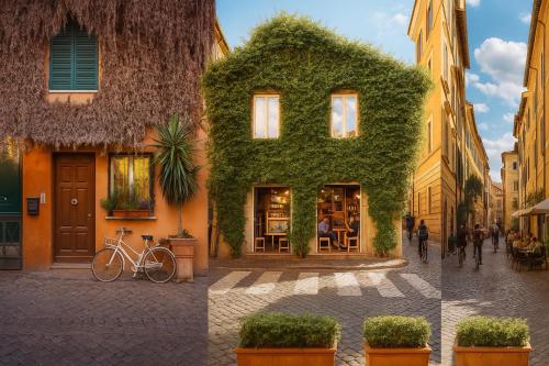 a building covered in green ivy on a street at REALE COLOSSEO TREVI HOME - private garden in Rome