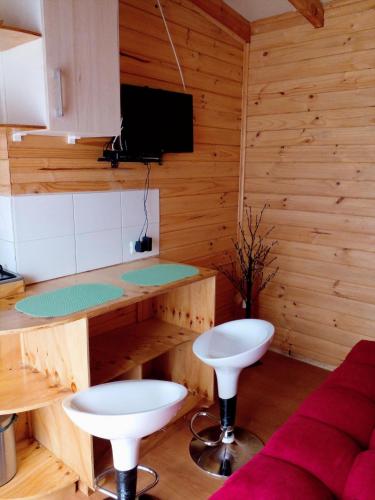 a room with a kitchen with two tables and a tv at Eco Cabañas Wanderlust in Puerto Puyuhuapi