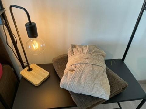 una cama sobre una mesa junto a una lámpara en Relax Paradise in Bad Zurzach, en Bad Zurzach