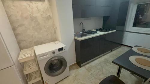 a small kitchen with a washing machine and a sink at Cozy apartment in Craiova